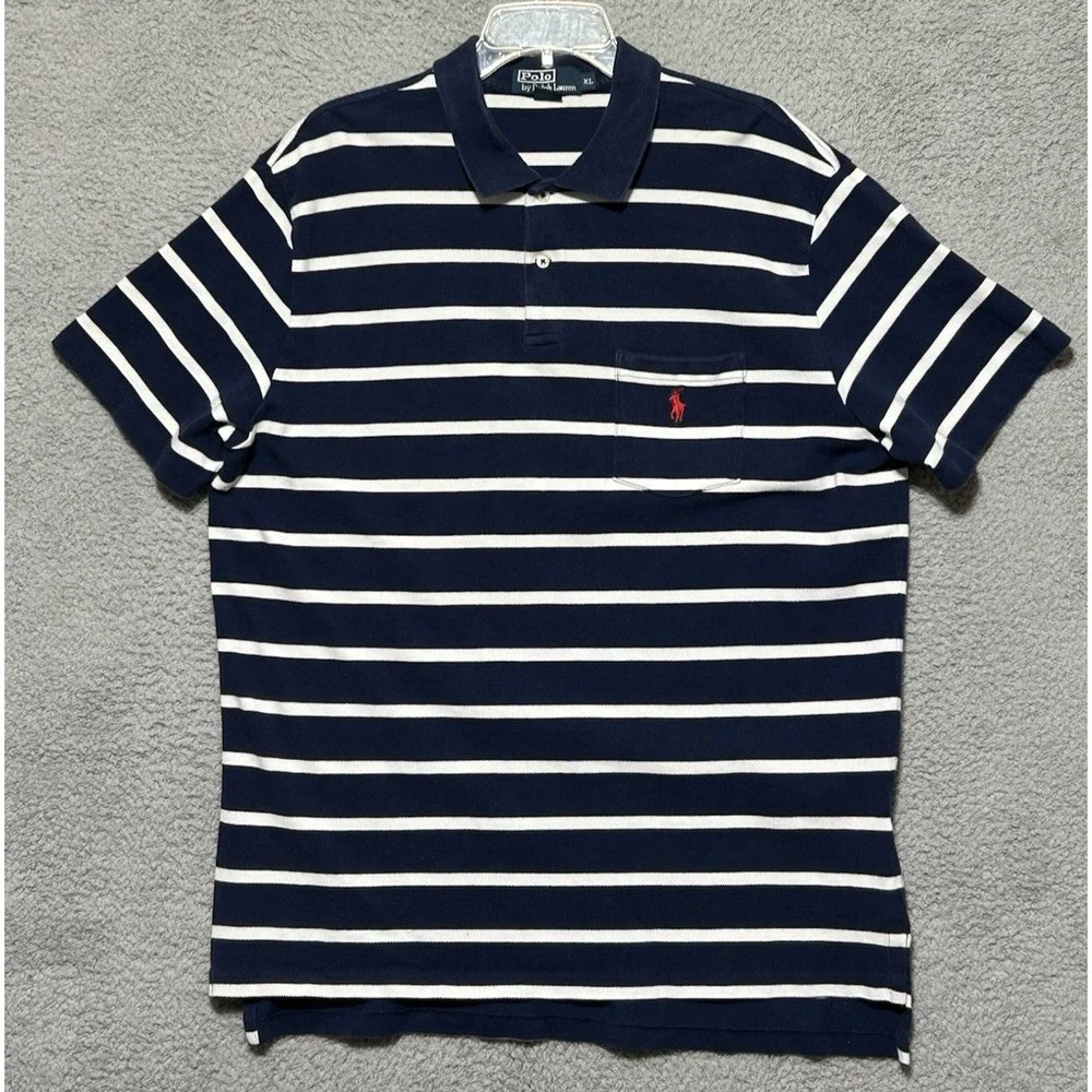 Polo Ralph Lauren Mens Black White Striped‎ Short Sleeve Polo Shirt Pocket Sz XL